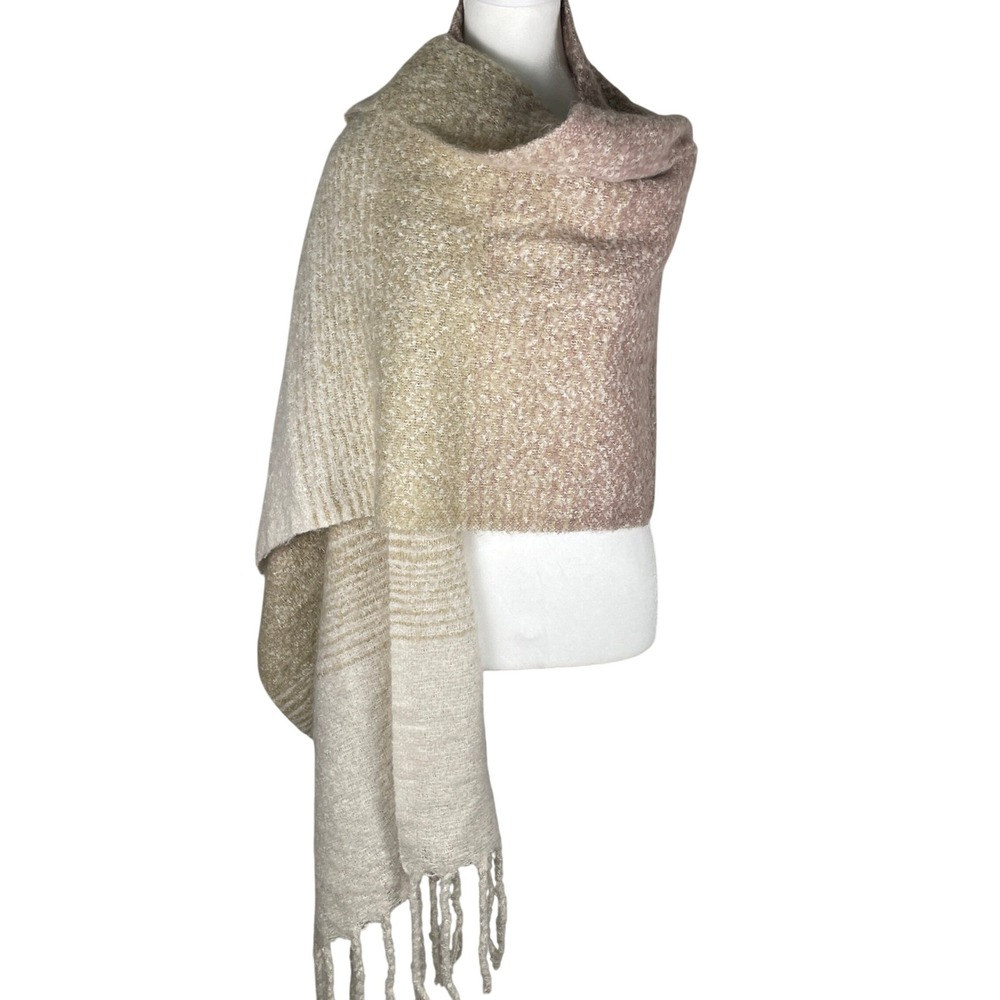 Mer-Sea Scarf Wrap Womens OS Pink Beige Ombre Excellent Boucle Fringe Tassel